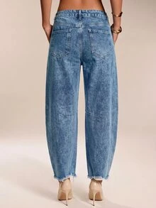 SHEIN Tall 女款休閒百搭日常旅行牛仔褲，附口袋與鈕扣設計 - 中等水洗藍 - 查看 3