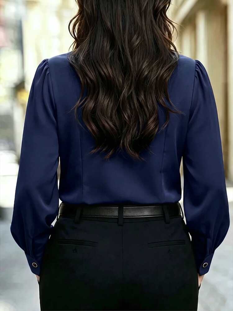 Velvienne Plus Size Elegant Ruffle Long Sleeve Button-Up Blouse For Women Fall - Navy Blue - View 2