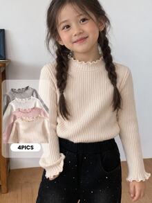 SHEIN 4件組女童秋冬棉質羅紋素色荷葉邊長袖上衣，可愛T恤內搭層，春夏/秋冬，百搭時尚上衣，適合校園、度假、日常穿著 - 彩色 - 查看 8