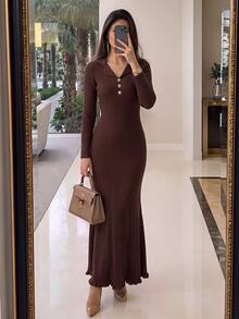 Modelyn Women's Solid Color Casual Elegant Daily Office Knit Dress Dark Brown Fall - Coffee Brown - View 4