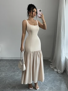 Rafferiza Scoop Neck Sleeveless Ruched Waist Slim Apricot Patchwork Elegant Maxi Dress - Apricot - View 1