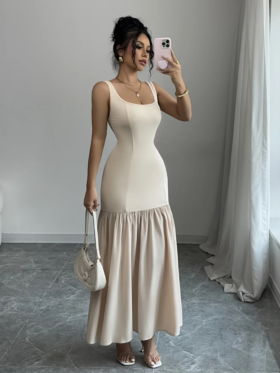 Rafferiza Scoop Neck Sleeveless Ruched Waist Slim Apricot Patchwork Elegant Maxi Dress - Apricot - View 1