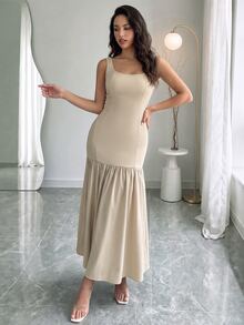 Rafferiza Scoop Neck Sleeveless Ruched Waist Slim Apricot Patchwork Elegant Maxi Dress - Apricot - View 3