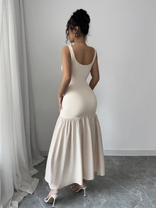 Rafferiza Scoop Neck Sleeveless Ruched Waist Slim Apricot Patchwork Elegant Maxi Dress - Apricot - View 2