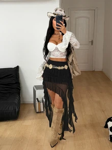 Coolane Women's Summer Concert Streetwear Vacation Boho Y2K Country Concert Gyaru Lace Asymmetrical Ruffle Fringe White Low Rise Long Skirts - Black - View 3