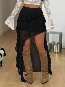 Coolane Women's Summer Concert Streetwear Vacation Boho Y2K Country Concert Gyaru Lace Asymmetrical Ruffle Fringe White Low Rise Long Skirts - Black - View 7