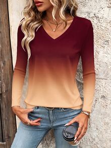 Omancia V-Neck Gradient Design Casual T-Shirt, Spring/Autumn Graphic Tees Women Tops - Multicolor - View 5