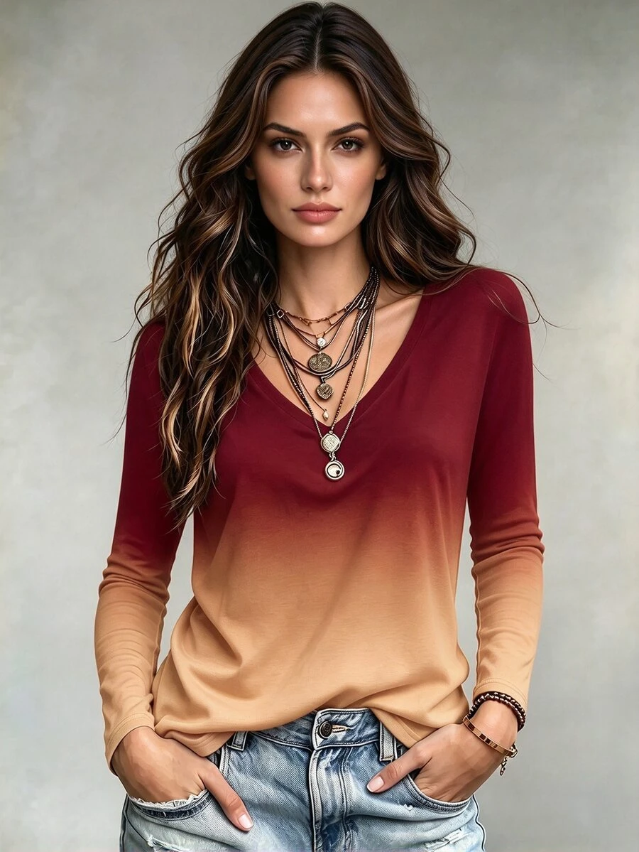 Omancia V-Neck Gradient Design Casual T-Shirt, Spring/Autumn Graphic Tees Women Tops - Multicolor - View 1