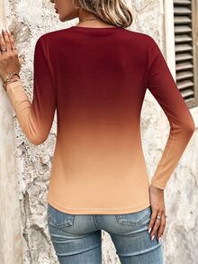 Omancia V-Neck Gradient Design Casual T-Shirt, Spring/Autumn Graphic Tees Women Tops - Multicolor - View 2
