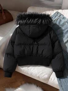 SHEIN 青少年女孩冬季外套，Y2K黑色人造毛領連帽短款軟墊背心，修身羅紋下擺基礎保暖外套，適合秋冬日常穿著 - 黑色 - 查看 2