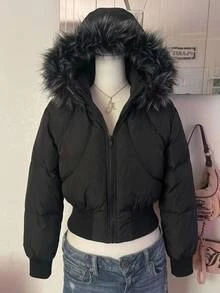 SHEIN 青少年女孩冬季外套，Y2K黑色人造毛領連帽短款軟墊背心，修身羅紋下擺基礎保暖外套，適合秋冬日常穿著 - 黑色 - 查看 4