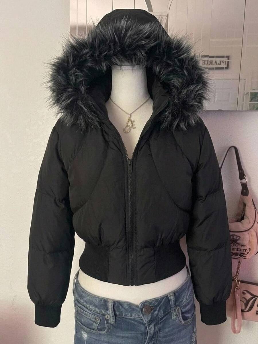 SHEIN Teen Girls Winter Coats, Y2K Black Faux Fur Collar Hooded Short Padded Soft Slim Fit Ribbed Hem Basic Warm Outerwear For Fall Winter Daily Wear - Black - View 1