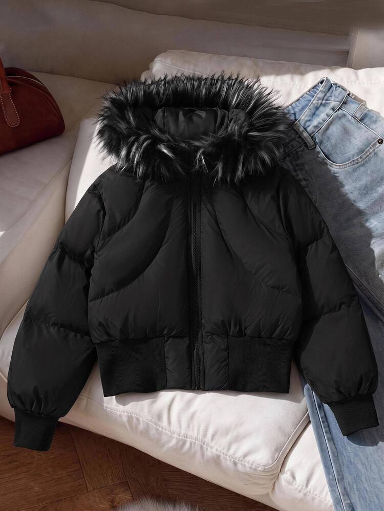 SHEIN Teen Girl Teen Girls Winter Coats, Y2K Fashion Pure Black Faux Fur Collar Hooded Short Padded Coat, Slim Fit With Ribbed Hem, Basic Winter Outerwear - Black - View 3