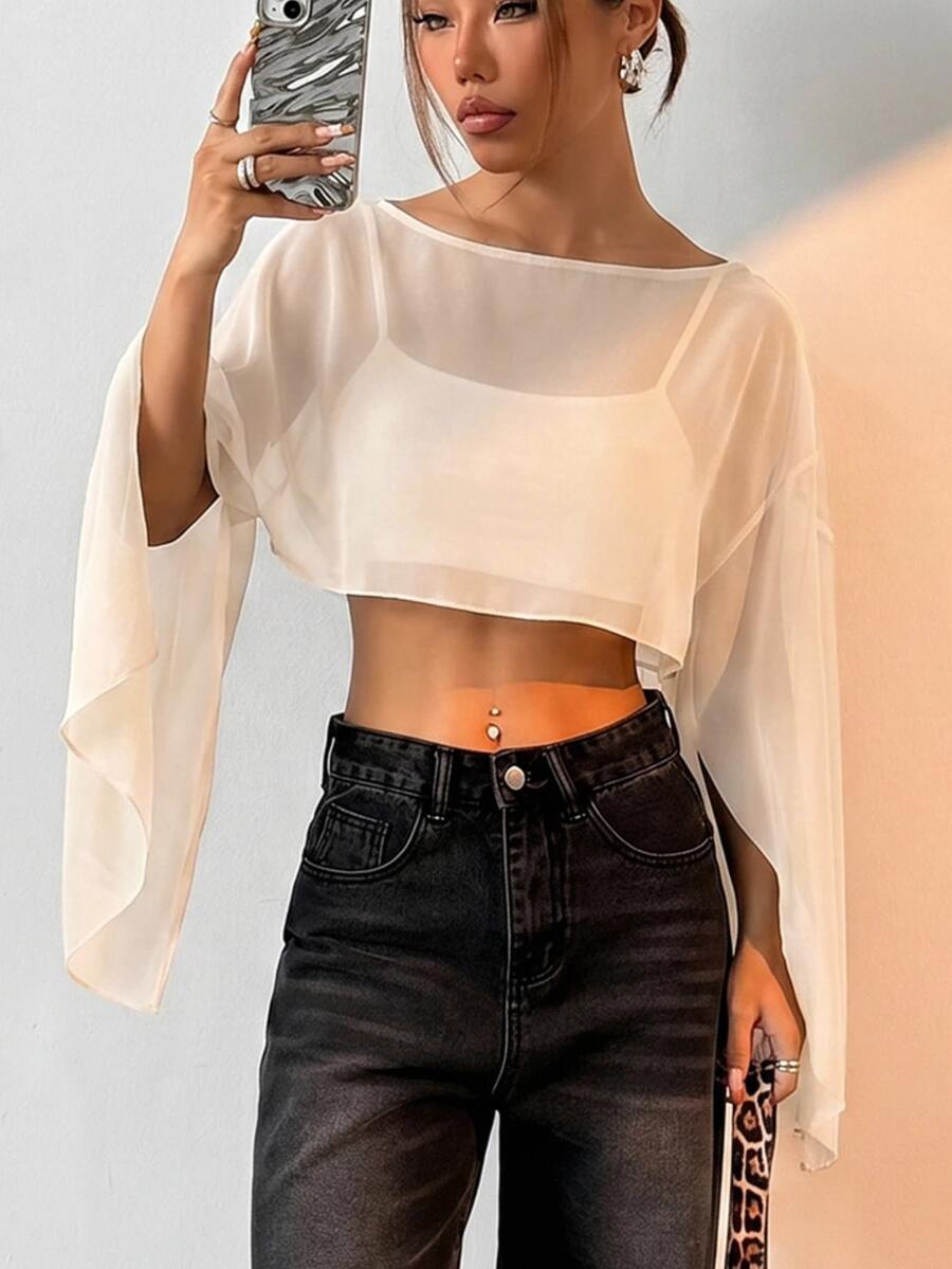 LYSMO Women's Solid Sheer Flare Sleeve Blouse - Apricot - View 1