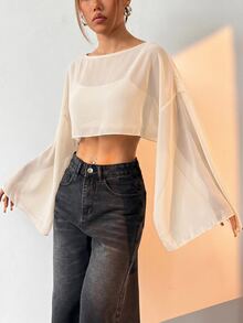LYSMO Women's Solid Sheer Flare Sleeve Blouse - Apricot - View 5