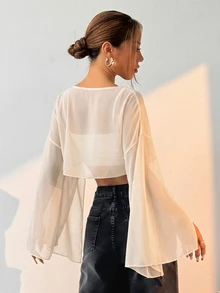 LYSMO Women's Solid Sheer Flare Sleeve Blouse - Apricot - View 2