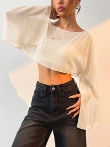 LYSMO Women's Solid Sheer Flare Sleeve Blouse - Apricot - View 4