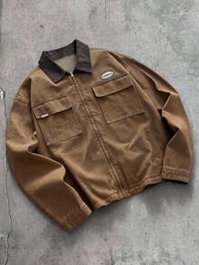 FRESIVO Men's Fashion Casual Colorblock Washed Denim Jacket, Flap Pocket, Grunge, Urban, Work - Khaki - View 8