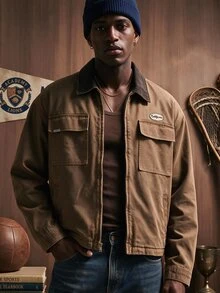 FRESIVO Men's Fashion Casual Colorblock Washed Denim Jacket, Flap Pocket, Grunge, Urban, Work - Khaki - View 9