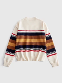 ROMWE MEN Fashion Striped Embroidered Patch Polo Collar Long Sleeve - Multicolor - View 7