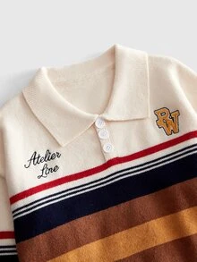 ROMWE MEN Fashion Striped Embroidered Patch Polo Collar Long Sleeve - Multicolor - View 3