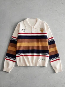 ROMWE MEN Fashion Striped Embroidered Patch Polo Collar Long Sleeve - Multicolor - View 1