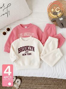 SHEIN 4件組幼童女童衛衣長褲套裝，學院風可愛粉色白色圖案字母印花，羅紋長袖圓領加厚，適合戶外派對秋季活動 - 彩色 - 查看 4