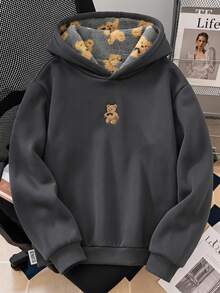 SHEIN Tween Girl Casual Cute Street Style Dark Brown Print Plush Hat With Five-Pointed Star Pattern, Suitable For Streetwear, Girls Sweatshirt School Fall - Dark Grey - View 1