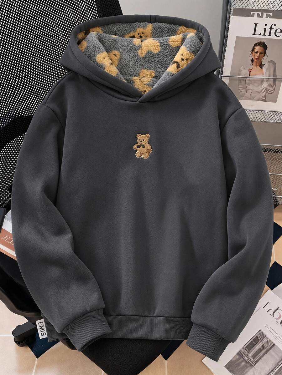 SHEIN Tween Girl Casual Cute Street Style Dark Brown Print Plush Hat With Five-Pointed Star Pattern, Suitable For Streetwear, Girls Sweatshirt School Fall - Dark Grey - View 1