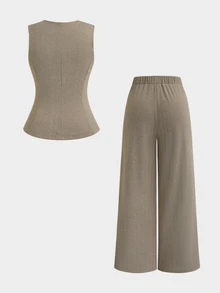 Velvienne Plus Size Brown Wool Open Front Blazer And Wide Leg Pants Elegant Commute Vintage Slimming Elegant Suit Set - Brown - View 2