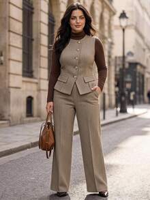 Velvienne Plus Size Brown Wool Open Front Blazer And Wide Leg Pants Elegant Commute Vintage Slimming Elegant Suit Set - Brown - View 1