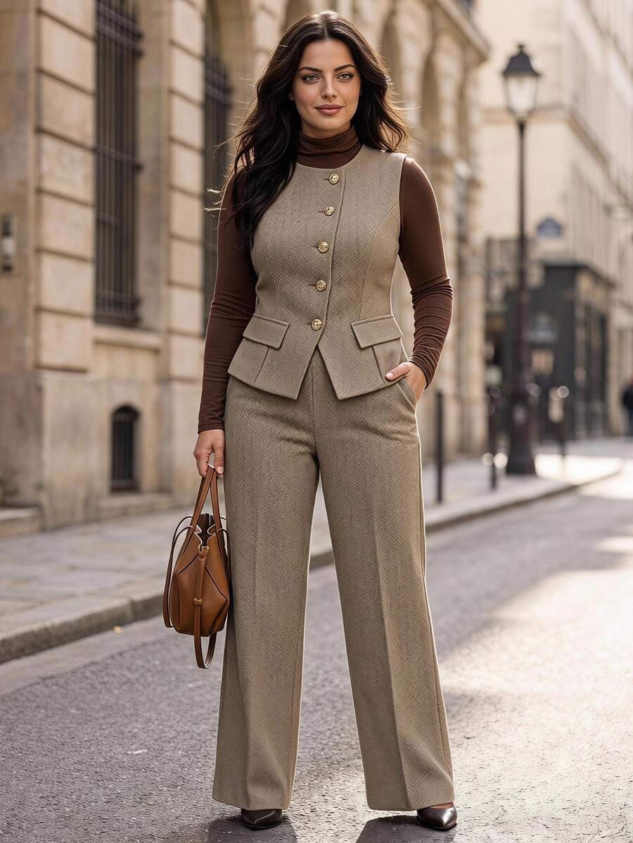 Velvienne Plus Size Brown Wool Open Front Blazer And Wide Leg Pants Elegant Commute Vintage Slimming Elegant Suit Set - Brown - View 1