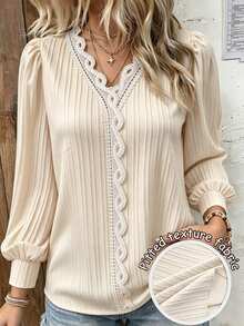 SHEIN Clasi Plus Size Sweet Textured Lace Long Sleeve Blouse Fall Office White Elegant Ruffles - Apricot - View 1