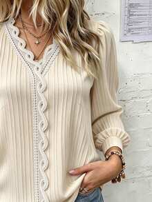SHEIN Clasi Plus Size Sweet Textured Lace Long Sleeve Blouse Fall Office White Elegant Ruffles - Apricot - View 6