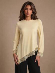 Firerie Women's Lace Patchwork Casual Versatile Daily Wear T-Shirt - Light Yellow - View 2