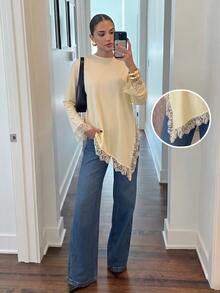 Firerie Women's Lace Patchwork Casual Versatile Daily Wear T-Shirt - Light Yellow - View 1