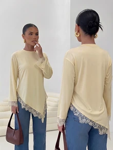 Firerie Women's Lace Patchwork Casual Versatile Daily Wear T-Shirt - Light Yellow - View 4