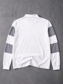 ÉpureWay 男士休閒街頭風寬鬆灰色白色寬條紋翻領長袖 Polo 衫，附徽章刺繡、大馬標誌，橄欖球上衣，秋季高爾夫，哥德風 - 灰色 - 查看 2