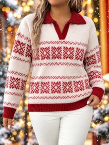 EMERY ROSE Plus Size Women Casual Traditional Elegant Design Knit Cardigan Autumn Office Formal Vacation Winter Christmas - Multicolor - View 3