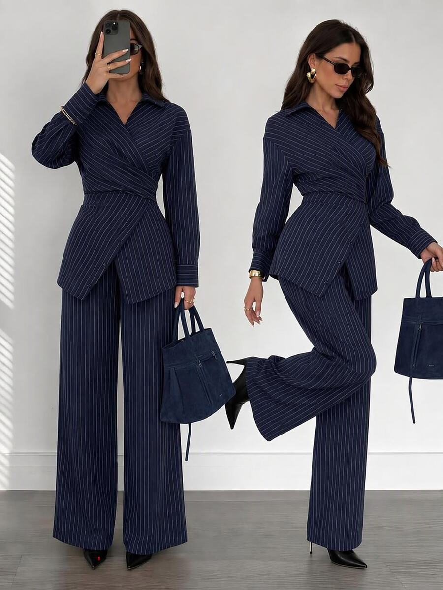 Firerie Women's Striped Cinched Waist Blouse And Loose Pants Set