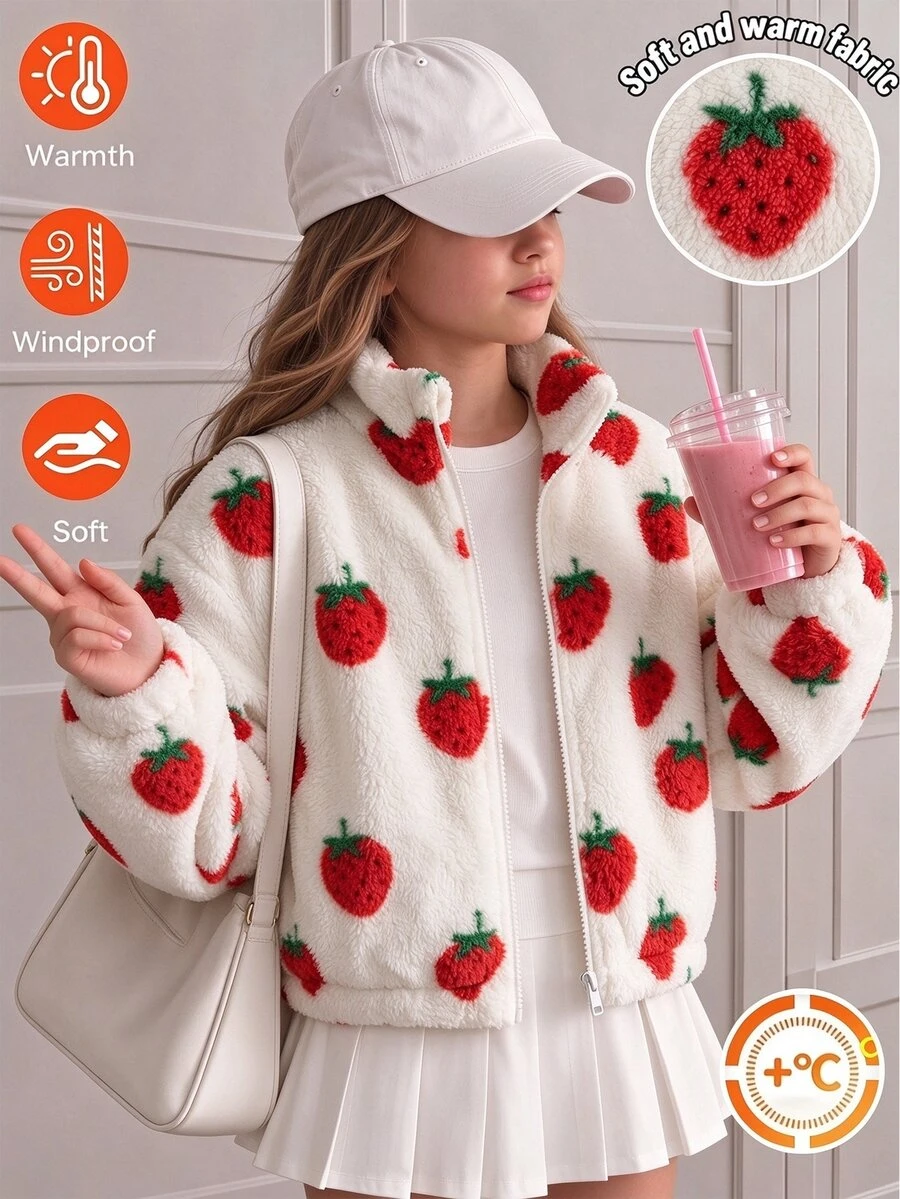 SHEIN Reset Phase 女童草莓印花抓絨夾克 可愛牛仔女孩酷女孩 校園社團健身房 秋冬立領拉鍊短款毛絨開襟上衣 米白色 - 白色 - 查看 1