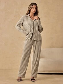 HautHeat Women's Solid Color Long Sleeve Single-Breasted Top And Pants Loungewear Set - Grey - View 4