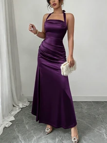 SHEIN Raffinéa Elegant Champagne Color Fitted Spaghetti Strap Elastic Satin Hem Side Slit Dress - Bold Plum - View 6