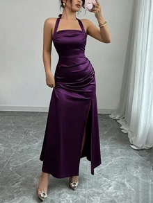 SHEIN Raffinéa Elegant Champagne Color Fitted Spaghetti Strap Elastic Satin Hem Side Slit Dress - Bold Plum - View 5