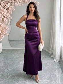 SHEIN Raffinéa Elegant Champagne Color Fitted Spaghetti Strap Elastic Satin Hem Side Slit Dress - Bold Plum - View 1