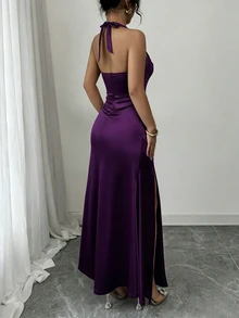 SHEIN Raffinéa Elegant Champagne Color Fitted Spaghetti Strap Elastic Satin Hem Side Slit Dress - Bold Plum - View 2