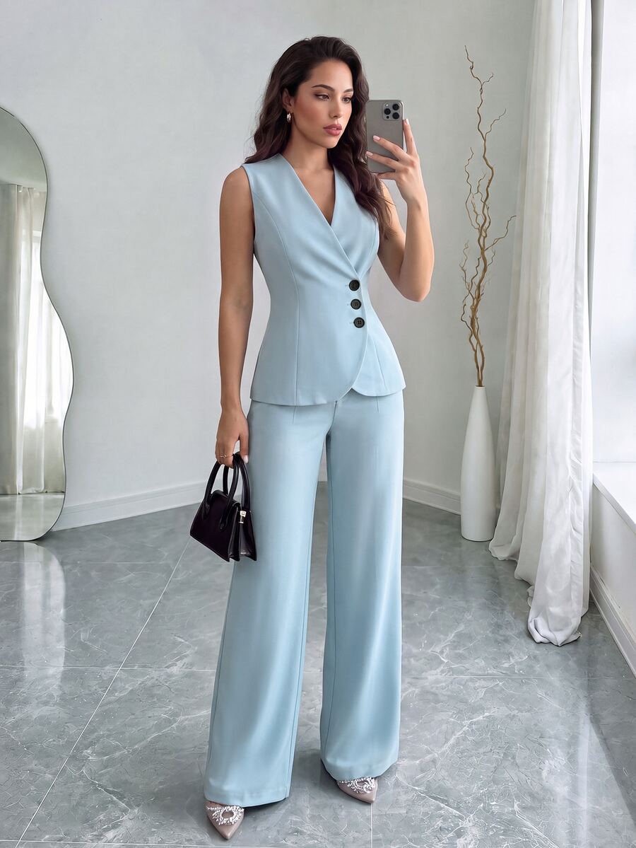 SHEIN Raffinéa French Style Sleeveless Blazer 2 Pieces Set, Waist-Cinching Button-Up Cardigan Vest And High-Waisted Wide-Leg Pants, Fashionable Commuter Versatile Outfit - Baby Blue - View 1