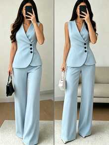 SHEIN Raffinéa French Style Sleeveless Blazer 2 Pieces Set, Waist-Cinching Button-Up Cardigan Vest And High-Waisted Wide-Leg Pants, Fashionable Commuter Versatile Outfit - Baby Blue - View 4