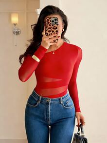Rafferiza Elegant Fitted Sexy Oblique Collar Mesh Patchwork Long Sleeve Red Bodysuit, Summer/ Club Party - Red - View 4