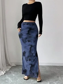 Rafferiza Women's Elegant Chaotic Elastic Mesh Bodycon High Slit Maxi Skirt - Navy Blue - View 6